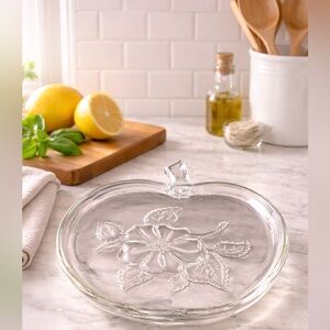 Vintage, Apple Shape Floral Clear Glass Luncheon Plates by Hazel Atlas, Set of 4